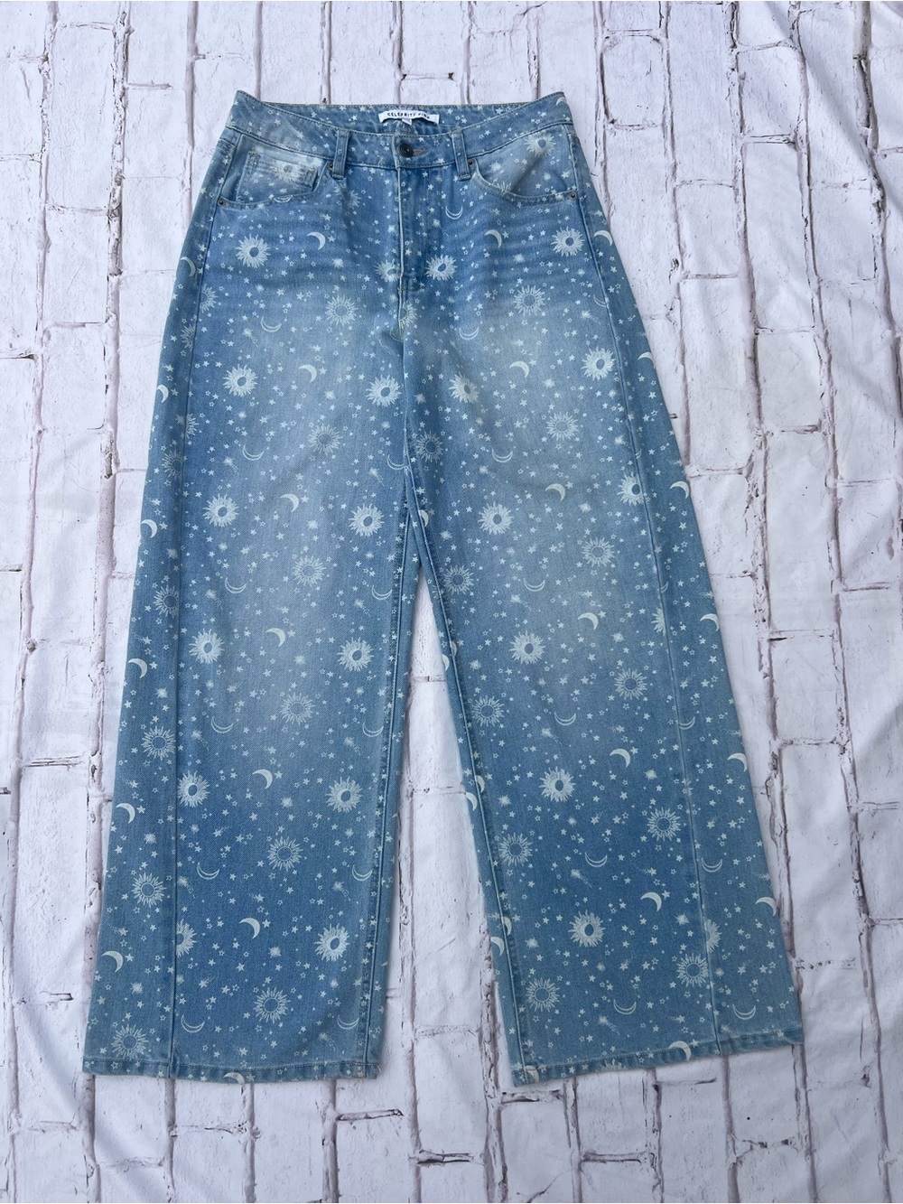Celebrity Pink Light Blue Wide Leg Jeans with Sun & Moon Print
